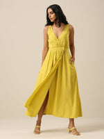 Thumbnail for trueBrowns Lime Slub Texture Sleeveless Wrap Dress - Distacart