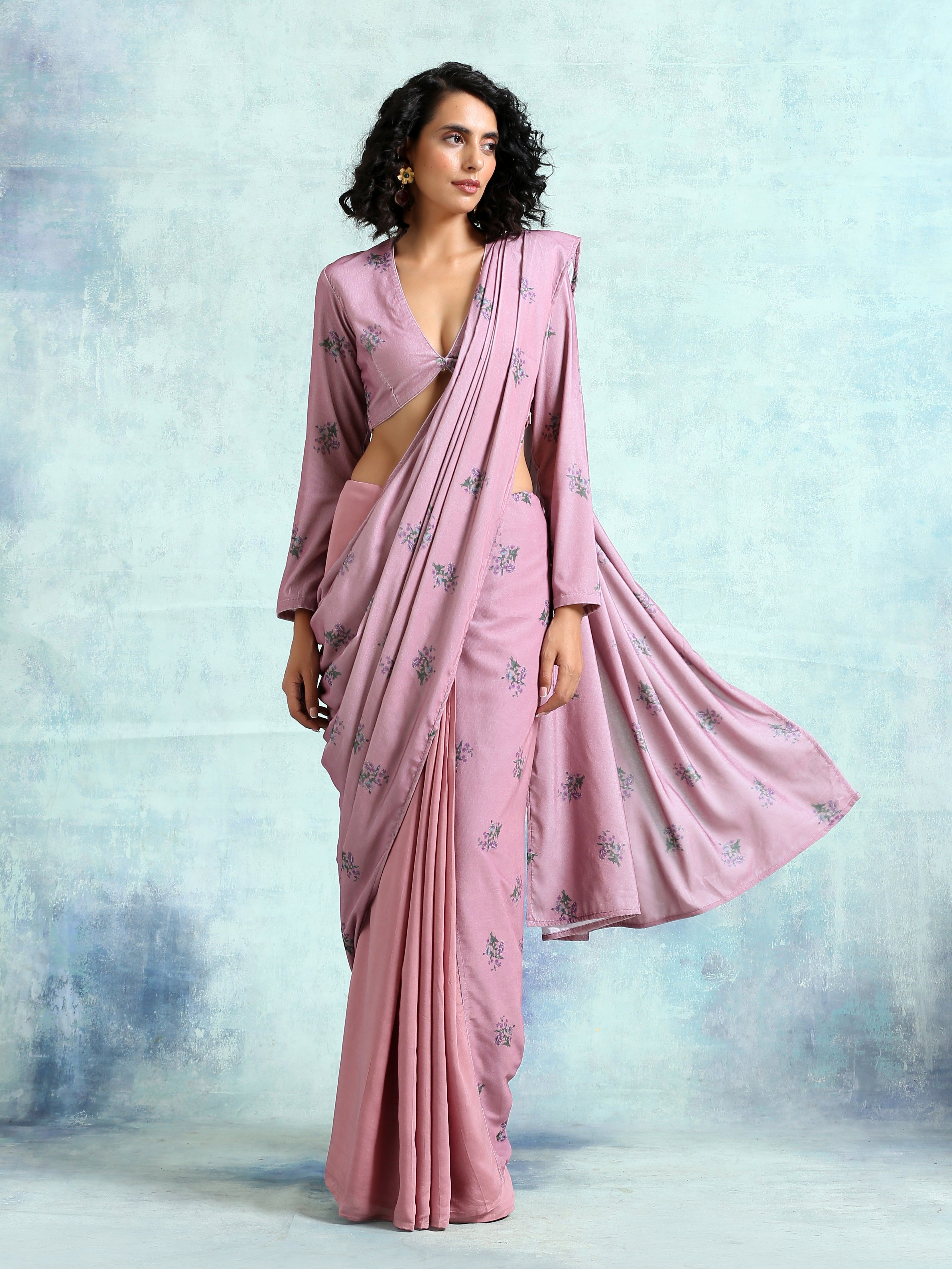 trueBrowns Light Mauve Printed Velvet Ready to Wear Saree - Distacart