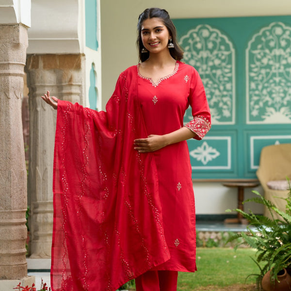 The52 Gajari Red Embroidered Chanderi Fabric Straight Kurta, Pant and Dupatta Set - Distacart