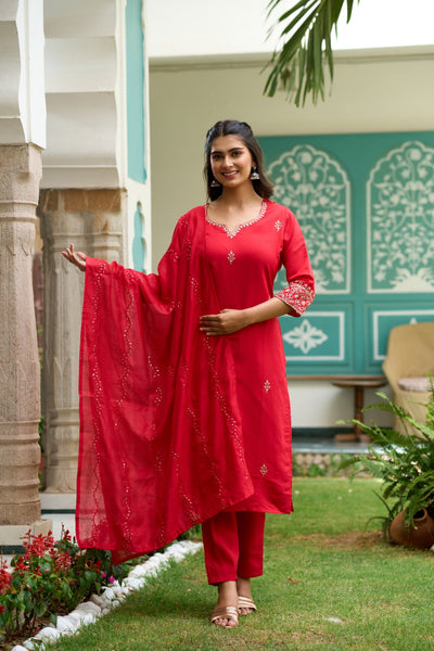 The52 Gajari Red Embroidered Chanderi Fabric Straight Kurta, Pant and Dupatta Set
