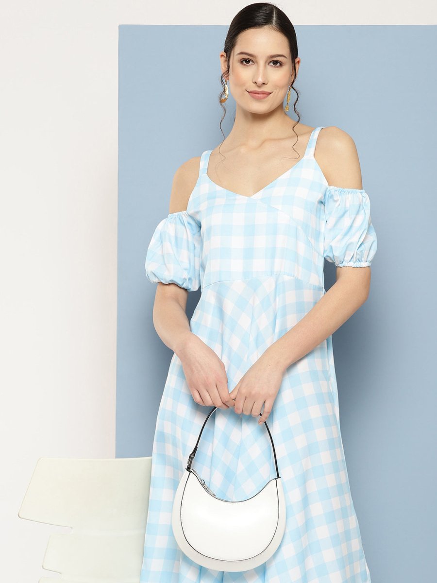 Ahalyaa Checked Cold-Shoulder Sleeves Midi Empire Ethnic Dress - Distacart