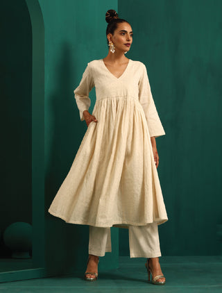 trueBrowns Ivory Tonal Cotton Anarkali Kurta Pant Set - Distacart