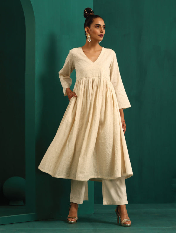 trueBrowns Ivory Tonal Cotton Anarkali Kurta Pant Set - Distacart
