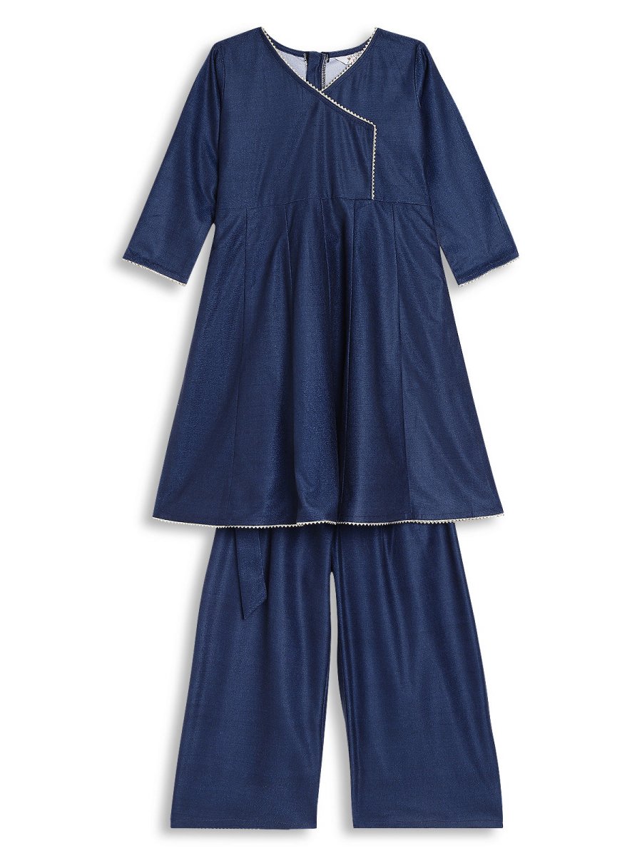 Ahalyaa Girls Navy Blue Velvet Angrakha Gotta Patti Kids Kurta with Palazzos - Distacart