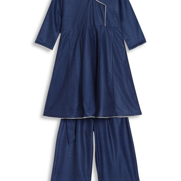 Ahalyaa Girls Navy Blue Velvet Angrakha Gotta Patti Kids Kurta with Palazzos - Distacart