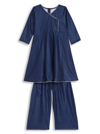 Ahalyaa Girls Navy Blue Velvet Angrakha Gotta Patti Kids Kurta with Palazzos - Distacart