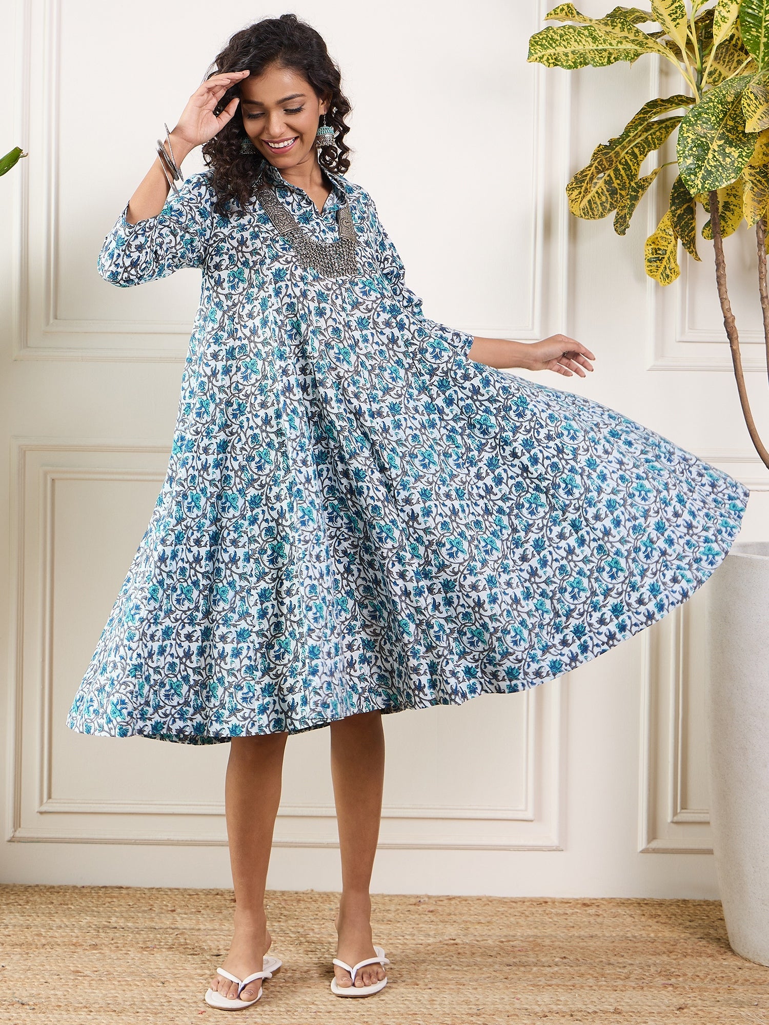InWeave Aqua Blue Floral Grey Jaal Collar Flared Dress