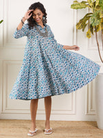 Thumbnail for InWeave Aqua Blue Floral Grey Jaal Collar Flared Dress