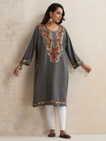 Thumbnail for trueBrowns Grey Kashmiri Embroidered Woollen Phiran Kurta - Distacart