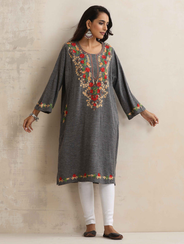 trueBrowns Grey Kashmiri Embroidered Woollen Phiran Kurta - Distacart
