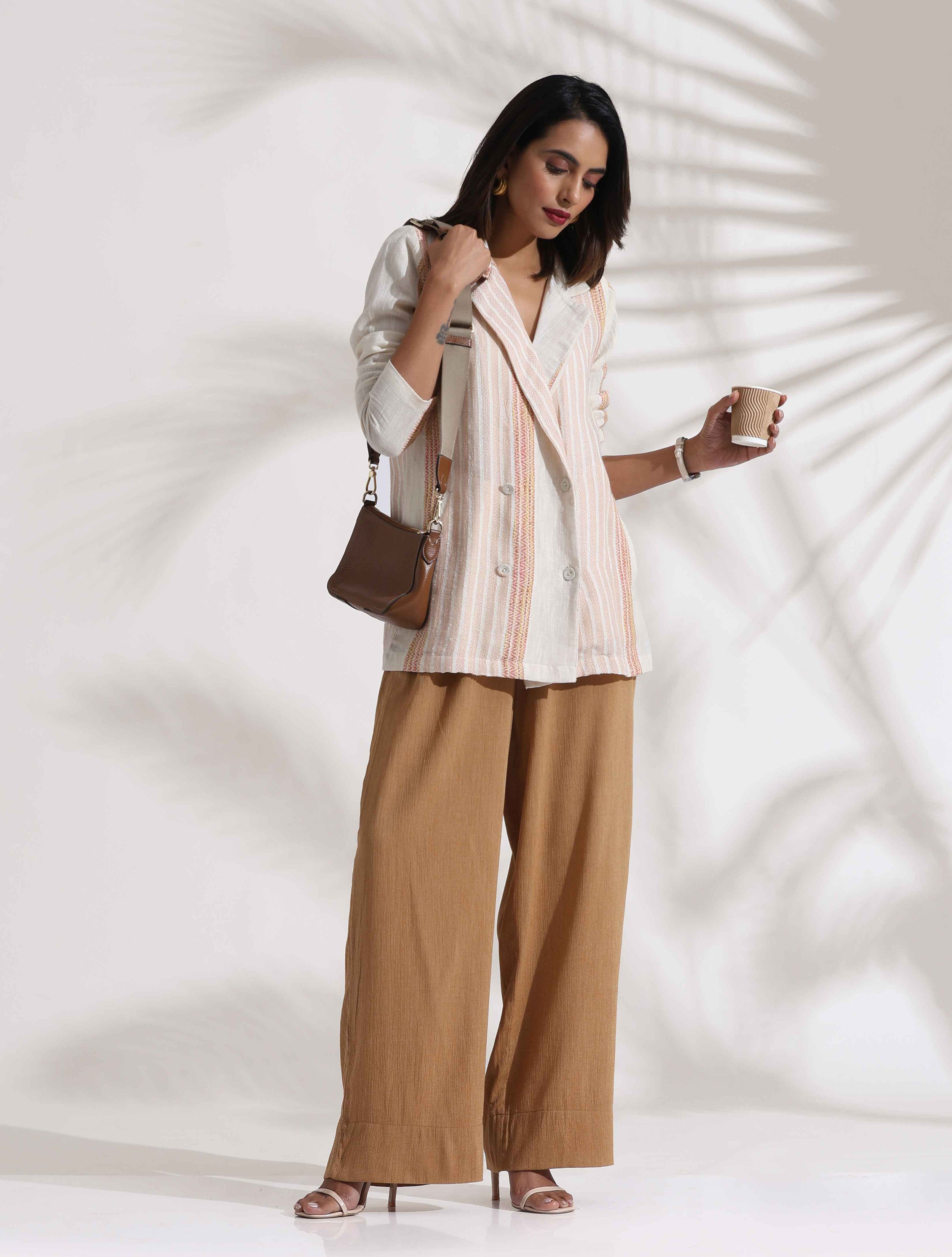 trueBrowns Beige Cotton Stripe Jacket Top Co-ord Set - Distacart