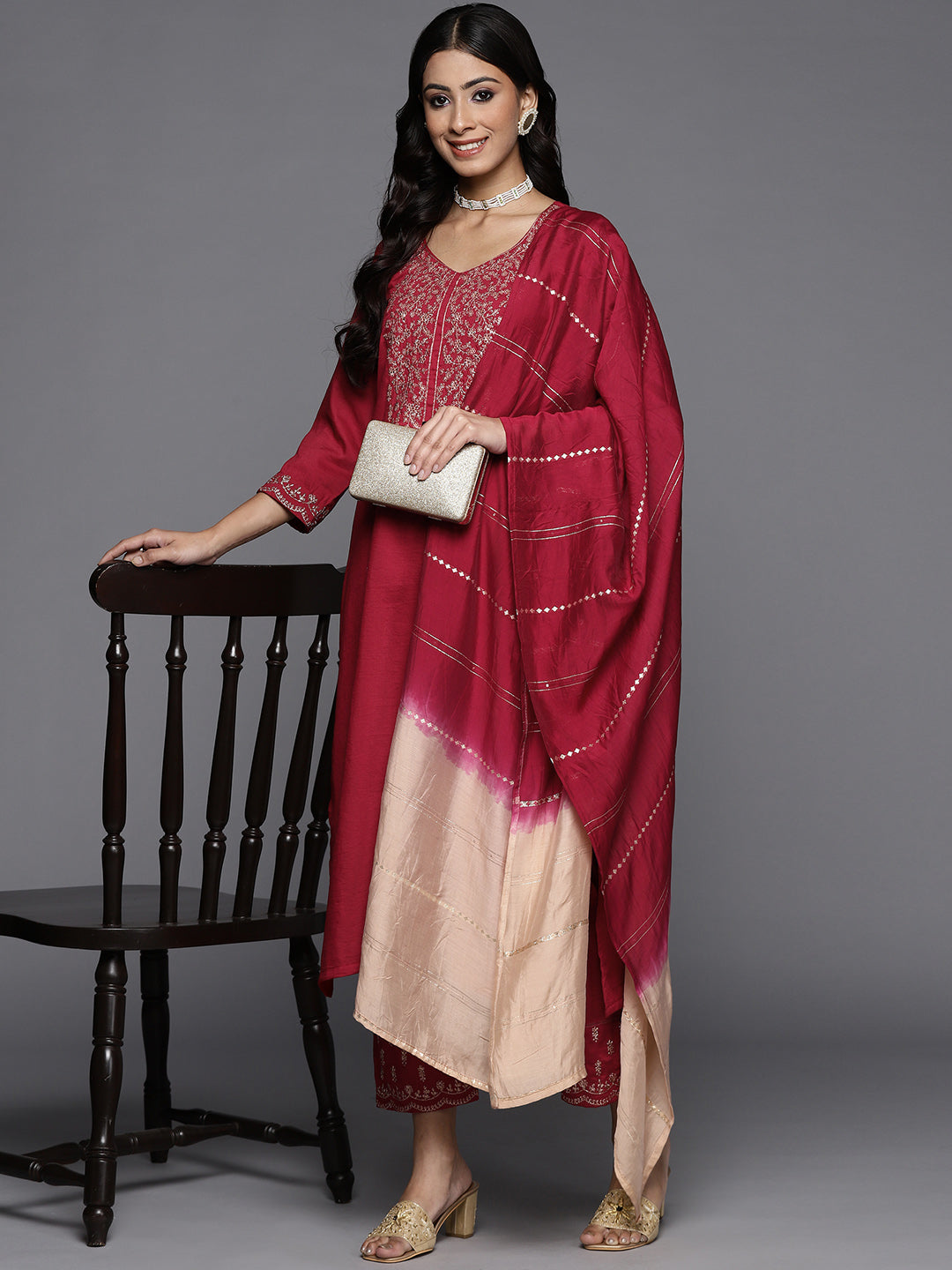 Varanga Womens Embroidered Kurta Paired With Embroidered Trouser And Ombre Dupatta
