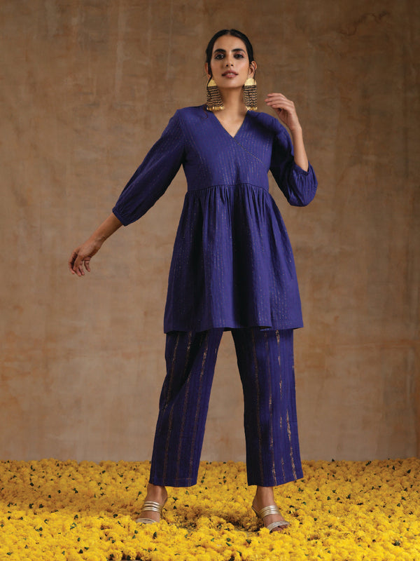 trueBrowns Spectrum Blue Gold Cotton Overlap Co-Ord Set - Distacart