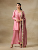 Thumbnail for trueBrowns Light Mauve Bandhani Printed Silk Flared Kurta Pant Dupatta Set - Distacart