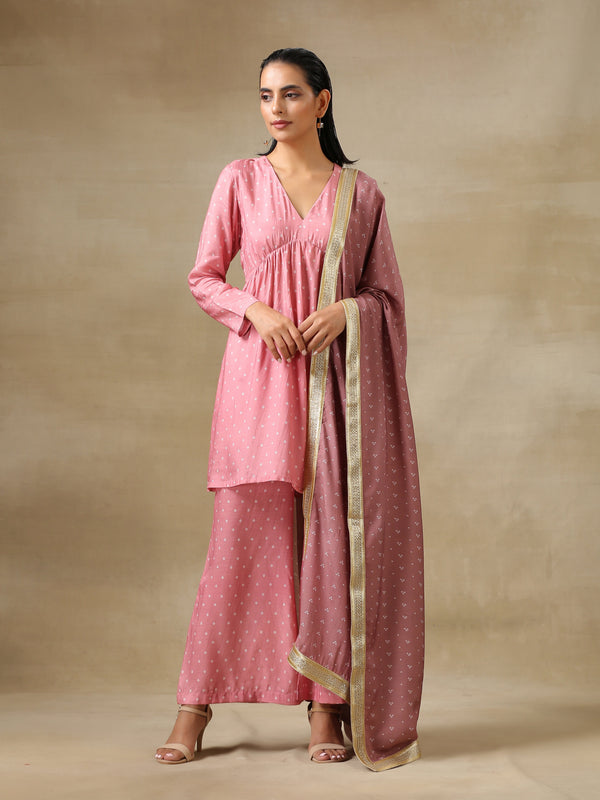 trueBrowns Light Mauve Bandhani Printed Silk Flared Kurta Pant Dupatta Set - Distacart