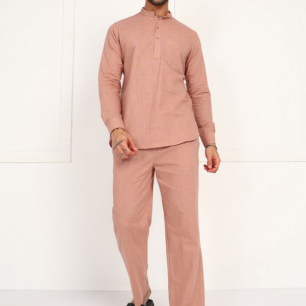 Fabmade Men’S Peach Linen Short Kurta Set - Distacart