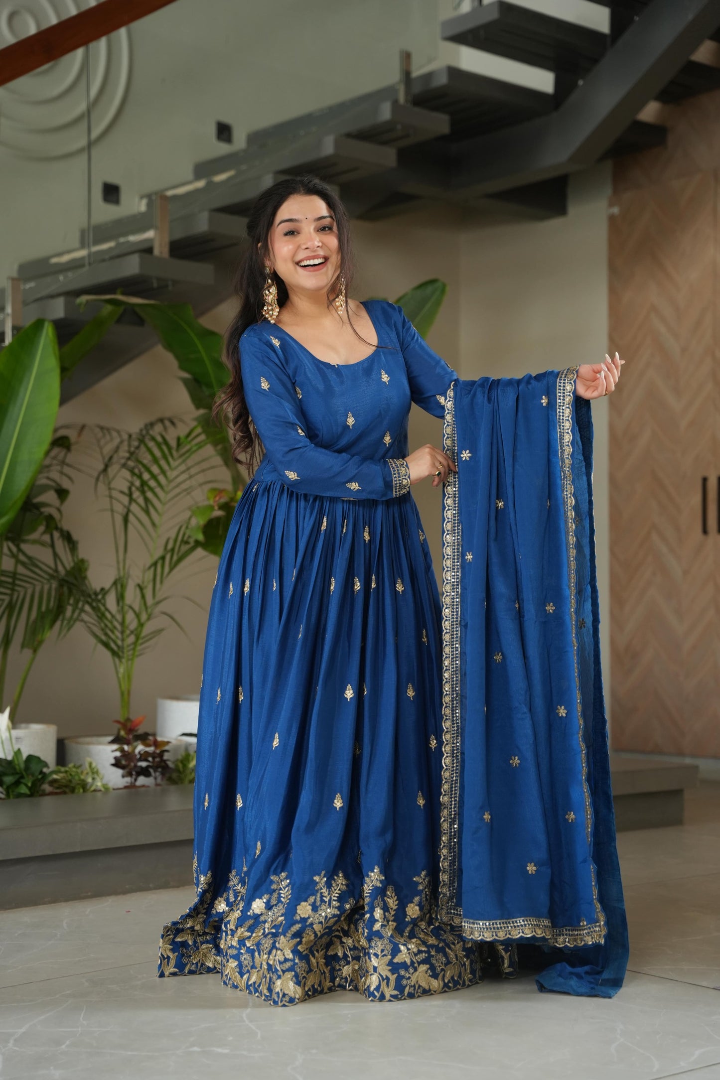 Anaita D Blue Chinon Readymade Anarkali Suit with Zari & Sequence Work - Dista