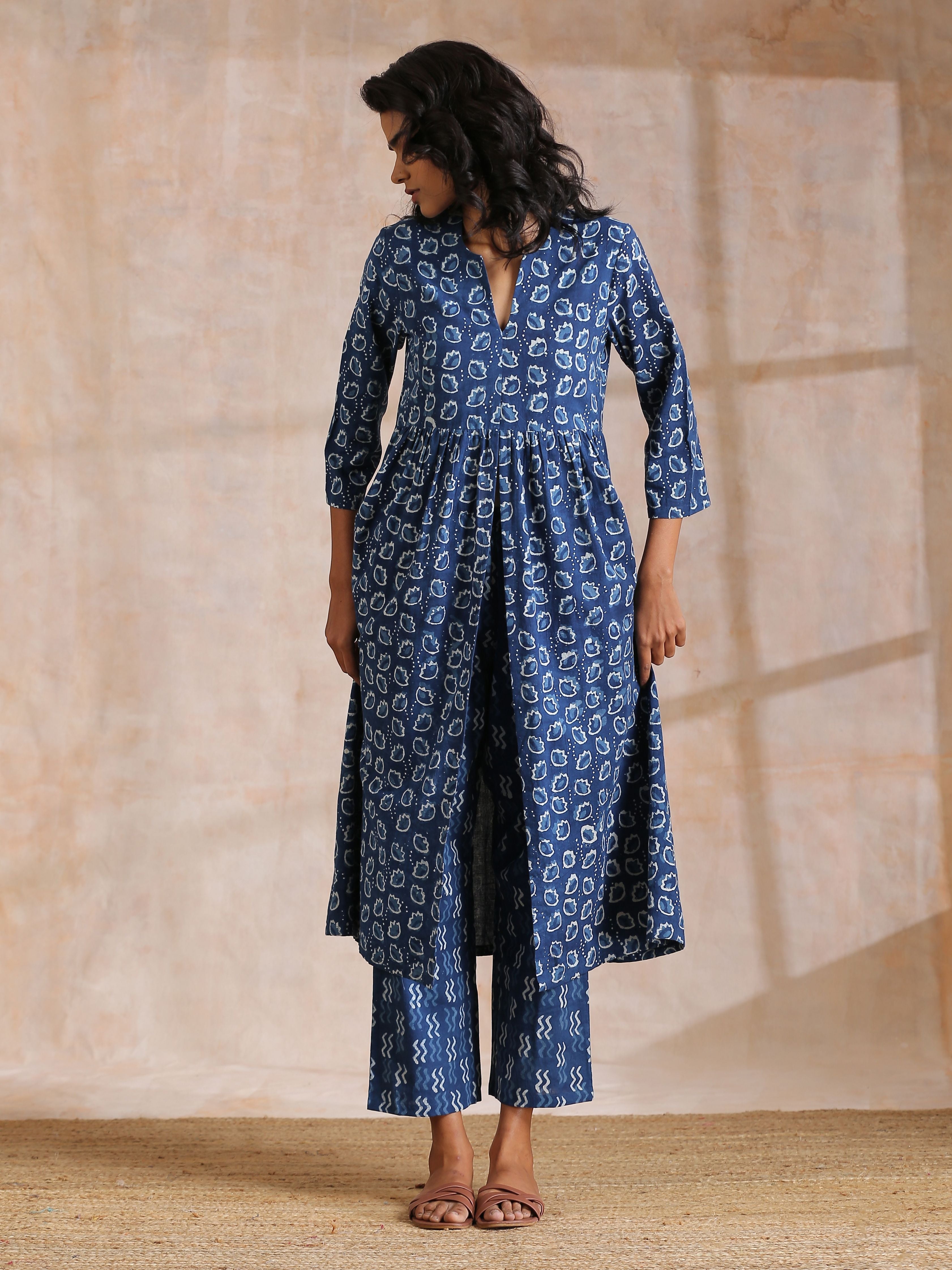 trueBrowns Indigo Dabu Floral Print Cotton Kurta Pant Set - Distacart