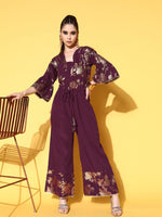 Thumbnail for Ahalyaa Burgundy & Gold-Toned Bell Sleeves Printed Ethnic Jumpsuit With Waist Tie-Ups - Distacart