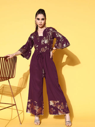 Ahalyaa Burgundy & Gold-Toned Bell Sleeves Printed Ethnic Jumpsuit With Waist Tie-Ups - Distacart