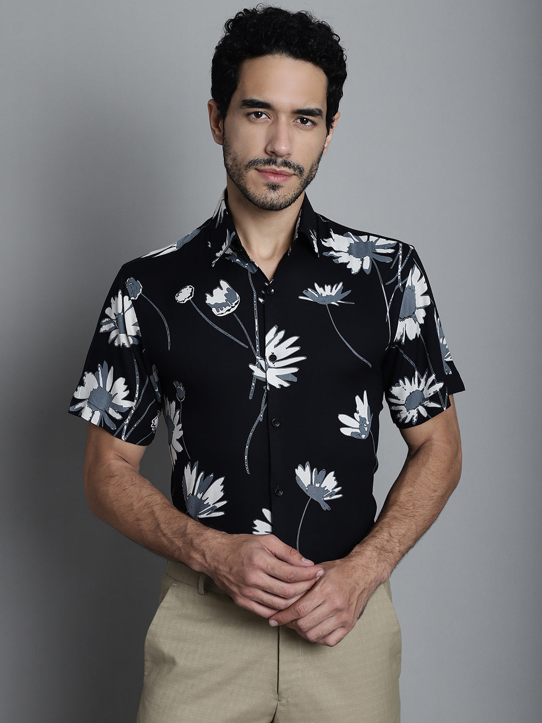 Jainish Men's Floral Printed Formal Shirts - Black - Distacart