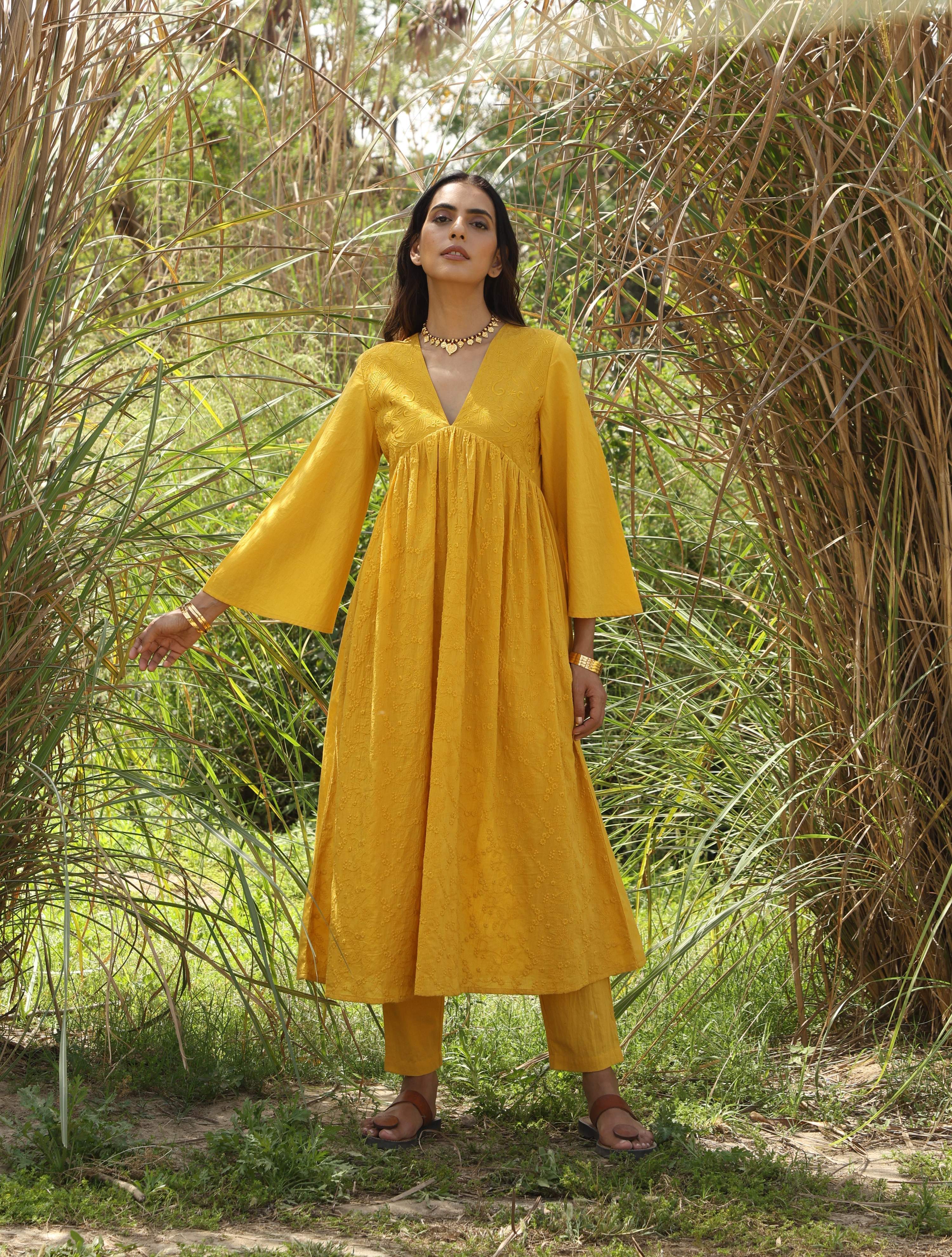 trueBrowns Mustard Cotton Embroidered Flared Kurta Set - Distacart