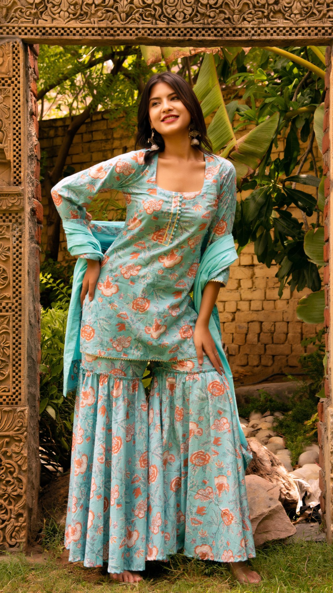 Pomcha Jaipur Gaurangi Chatak Blue Cotton Sharara Set - Distacart