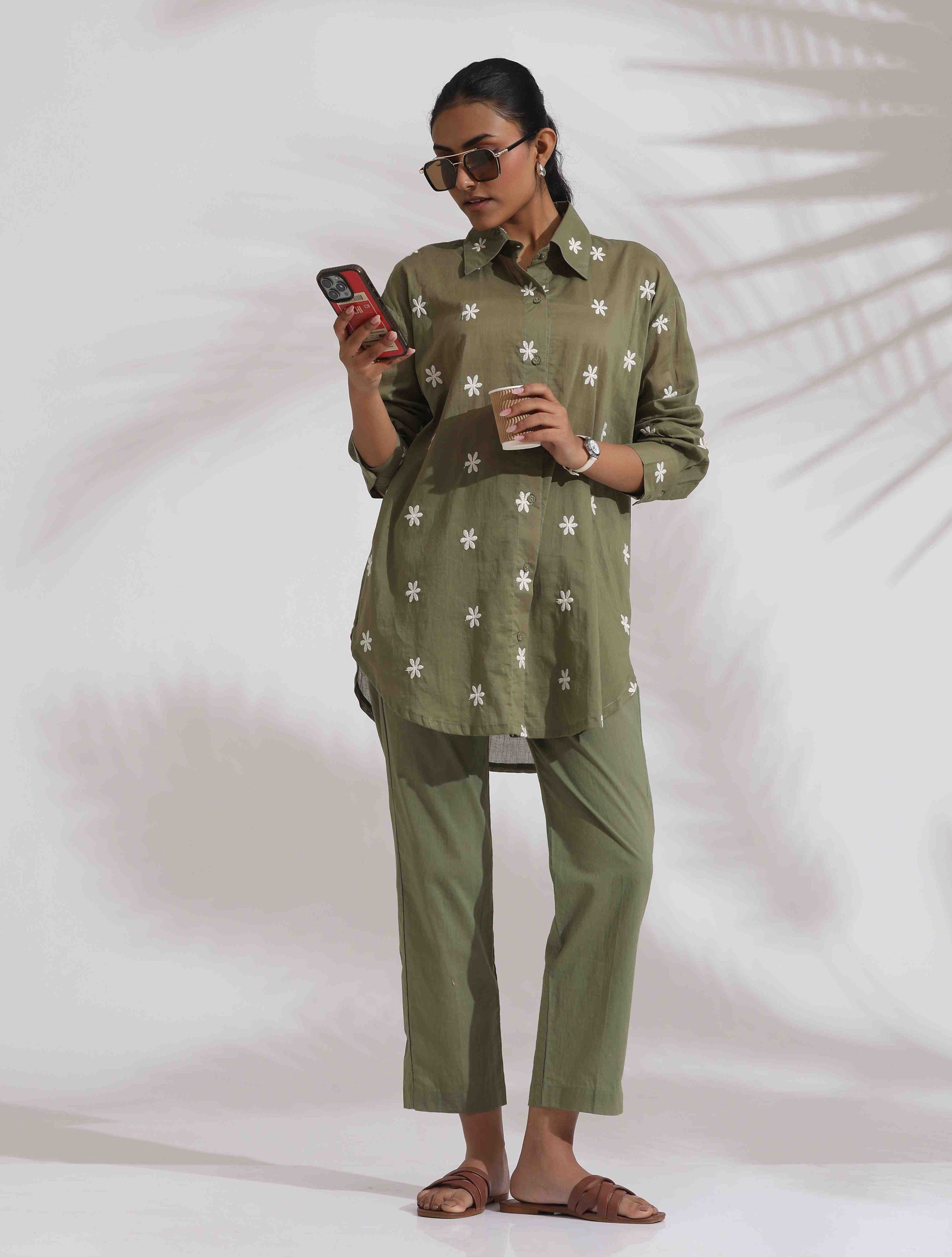 trueBrowns Olive Green Cotton Floral Embroidered Co-ord Set - Distacart