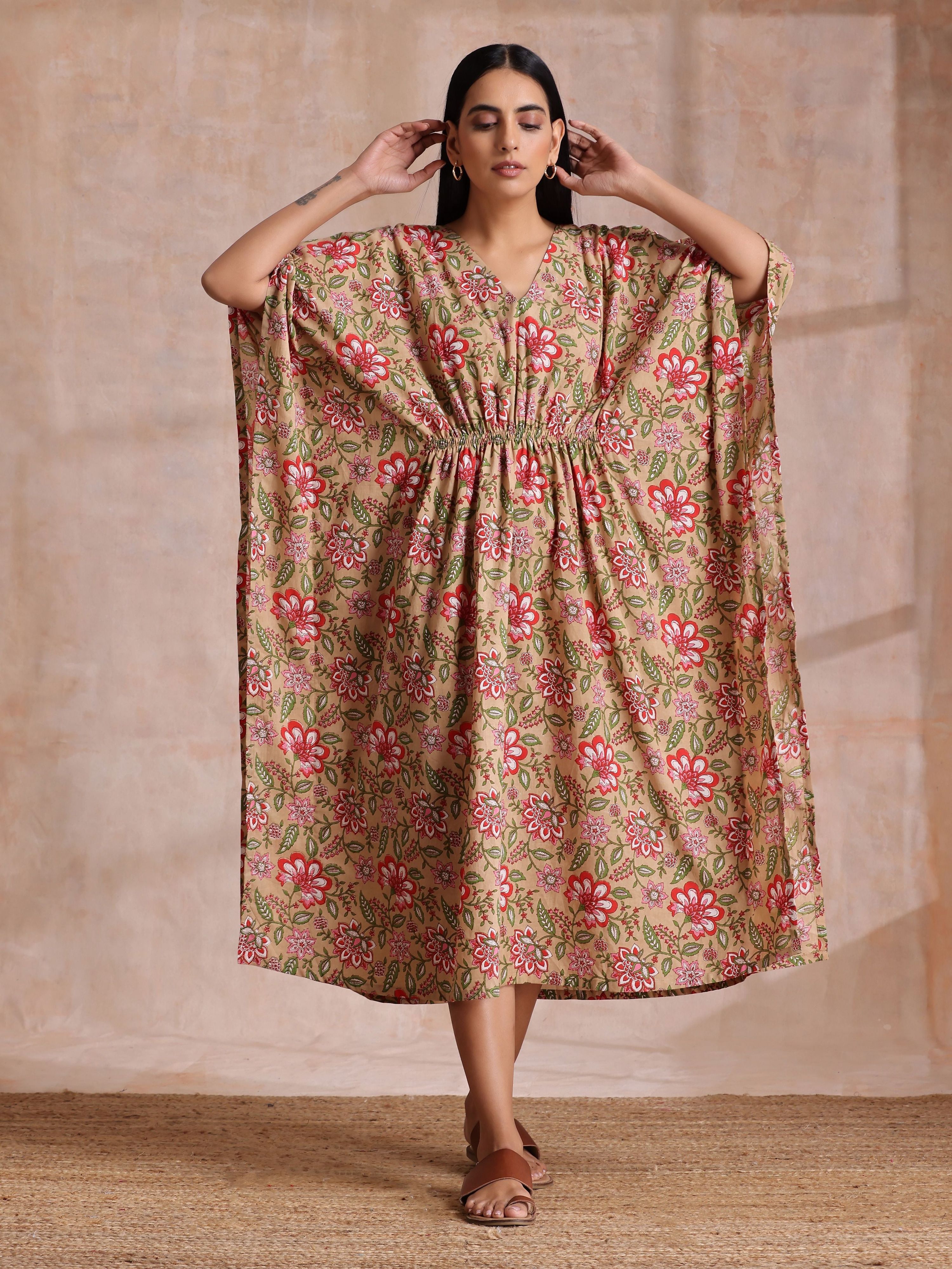 trueBrowns Beige Overall Big Floral Block Print Cotton Kaftan Dress - Distacart