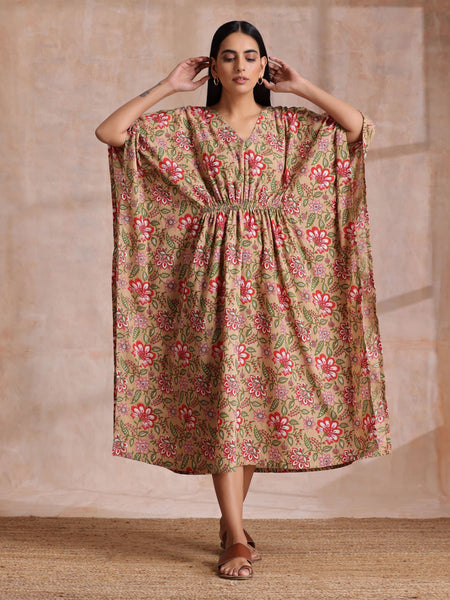 trueBrowns Beige Overall Big Floral Block Print Cotton Kaftan Dress - Distacart