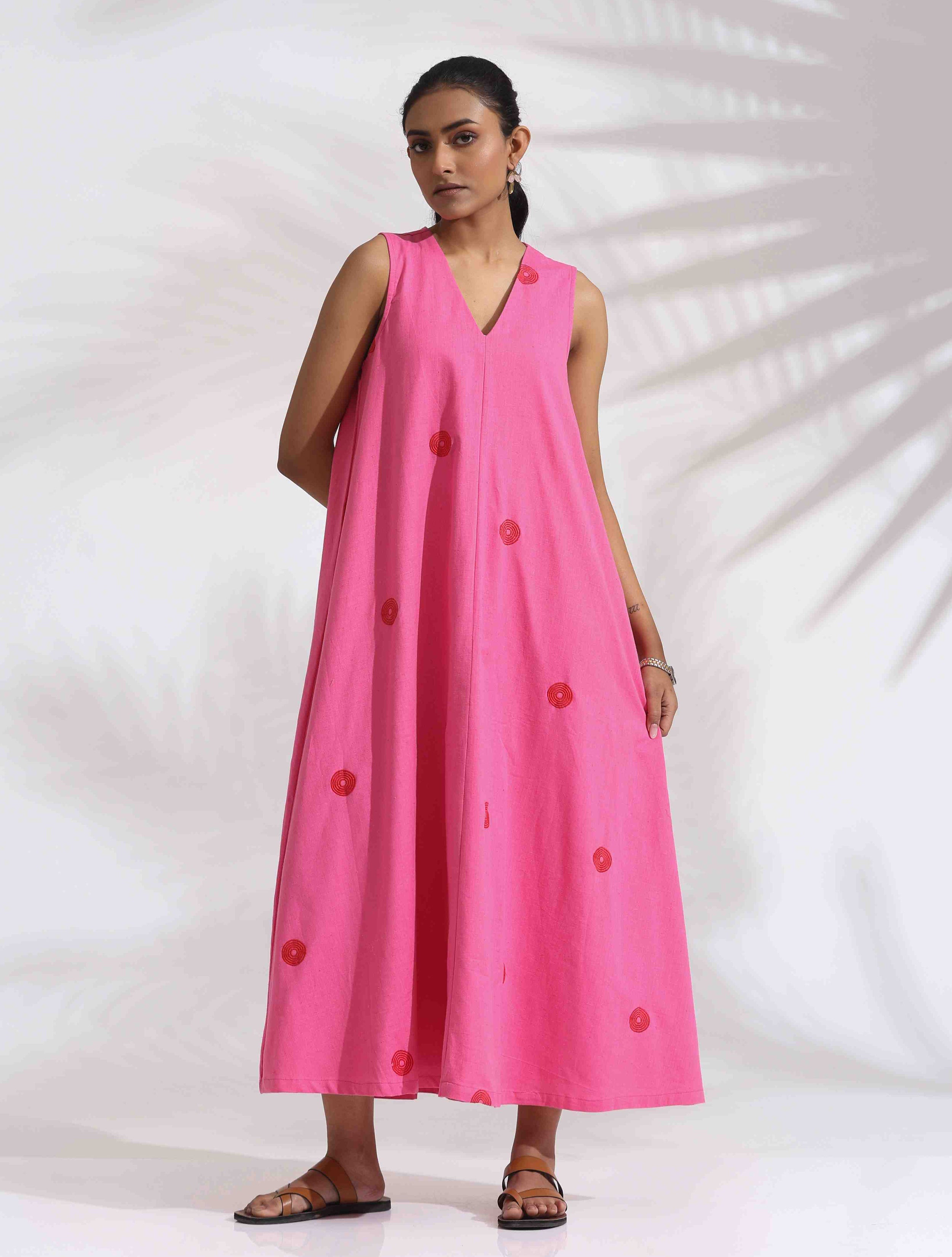trueBrowns Pink Cotton Embroidered Flared Dress - Distacart