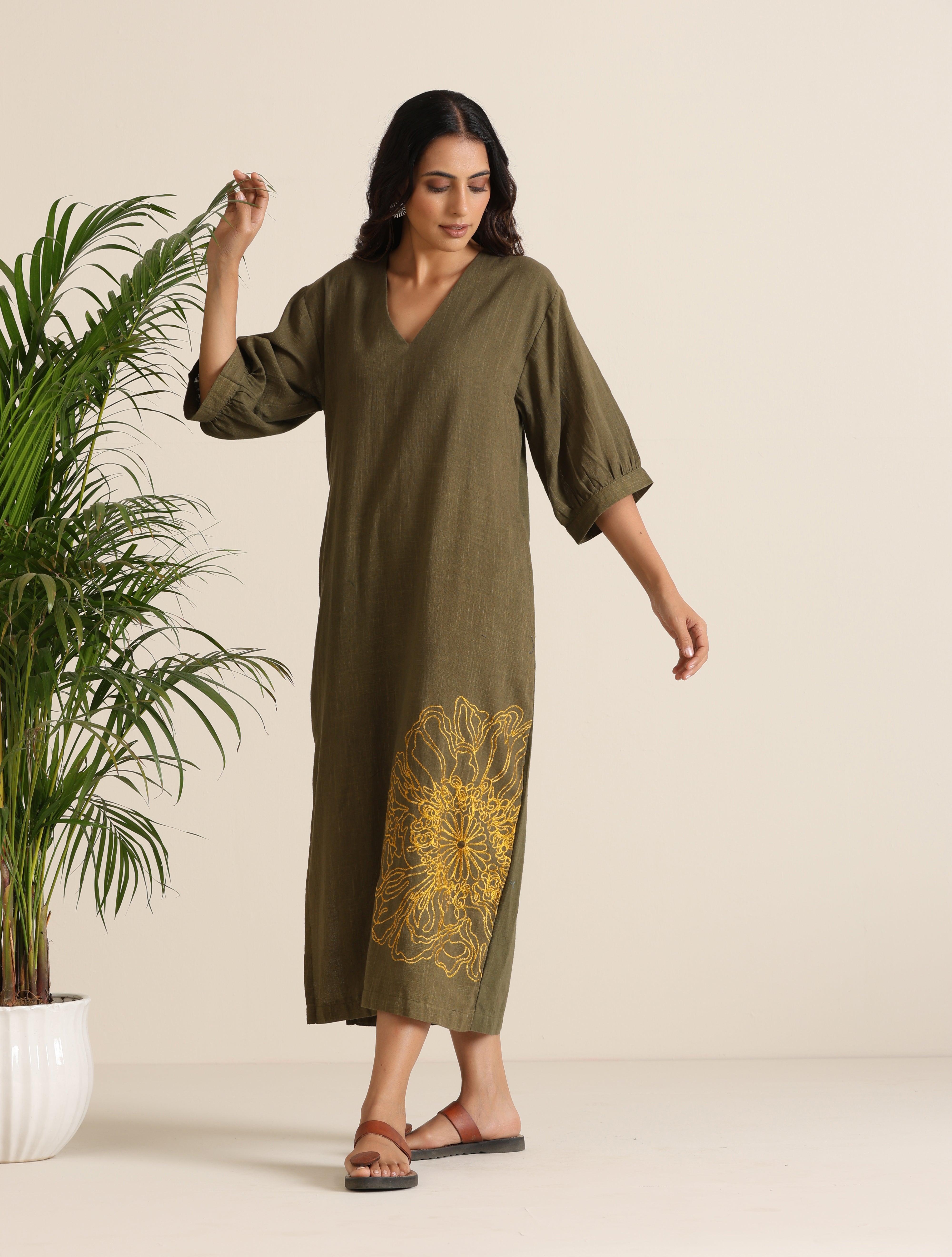 trueBrowns Olive Cotton Embroidered Dress - Distacart
