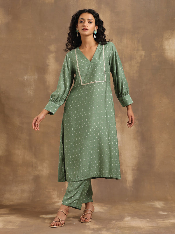 trueBrowns Light Green Bandhani Printed Silk Kurta Pant Set - Distacart