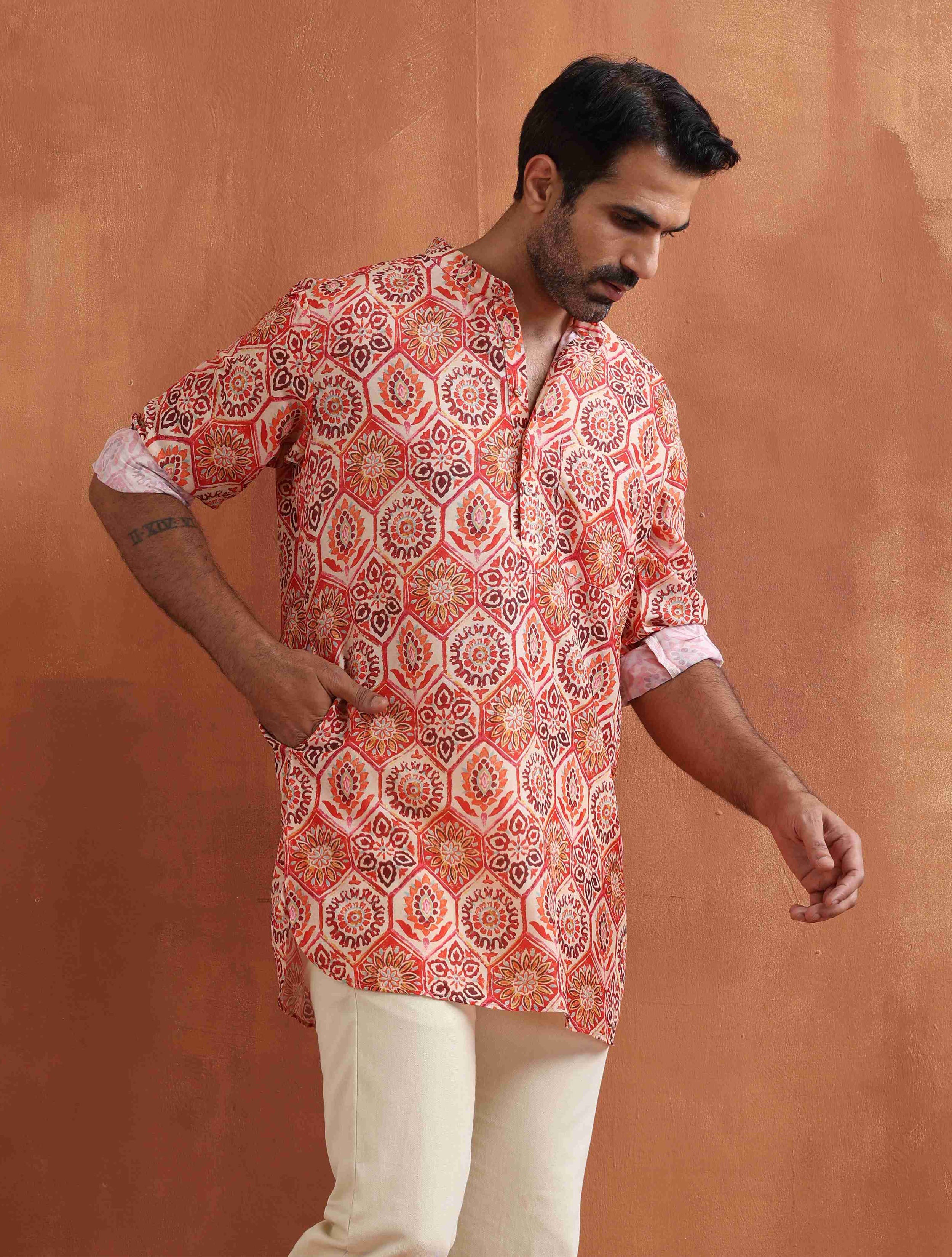 trueBrowns Men's Beige Printed Short Kurta - Distacart
