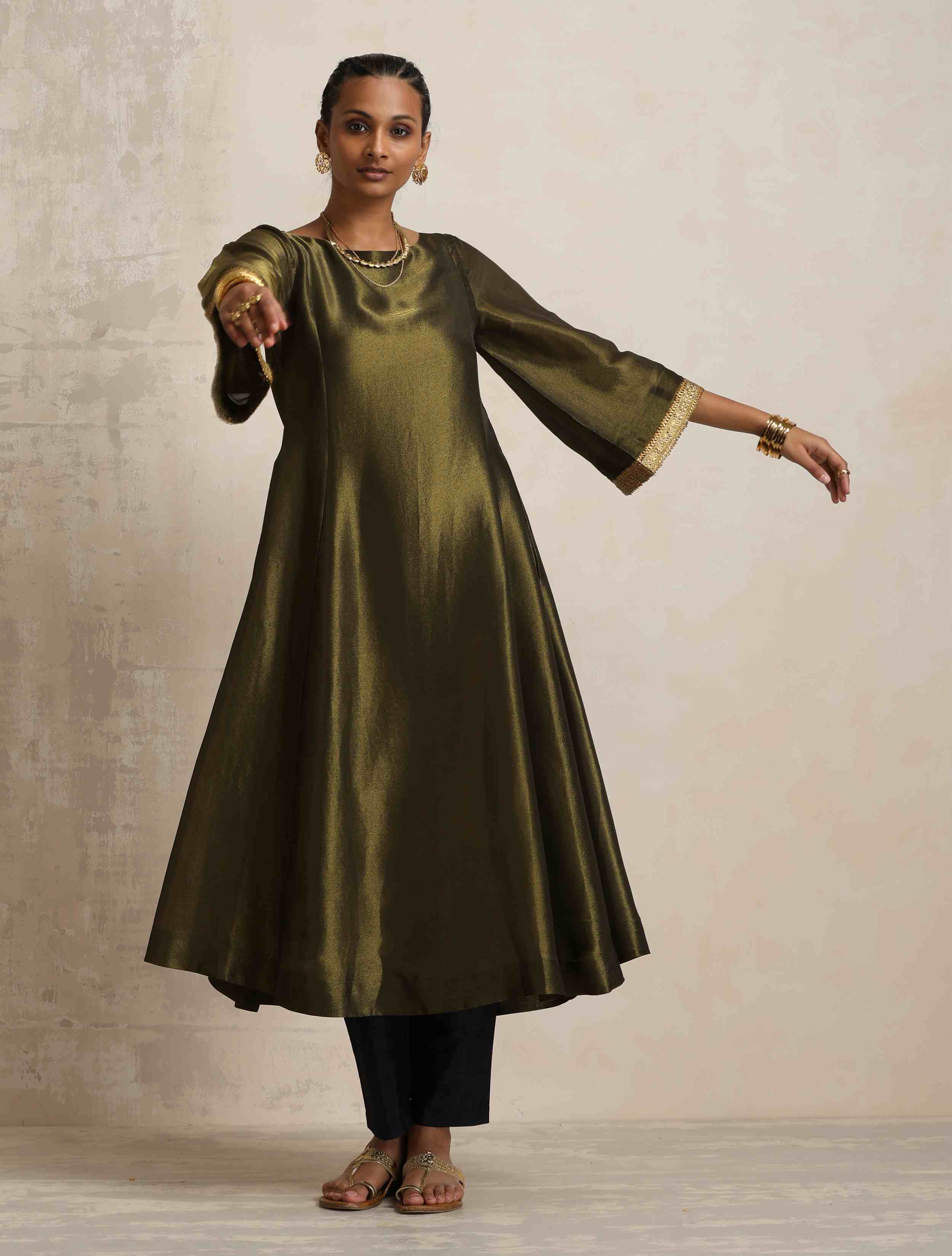 trueBrowns Olive Green Tissue Flared Anarkali Kurta Set - Distacart