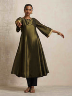 Thumbnail for trueBrowns Olive Green Tissue Flared Anarkali Kurta Set