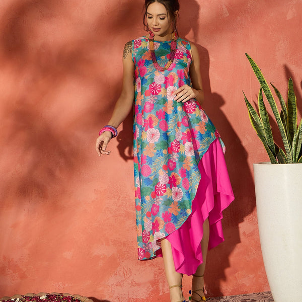 InWeave Blue Floral Fuchsia Asymmetrical Dress - Distacart