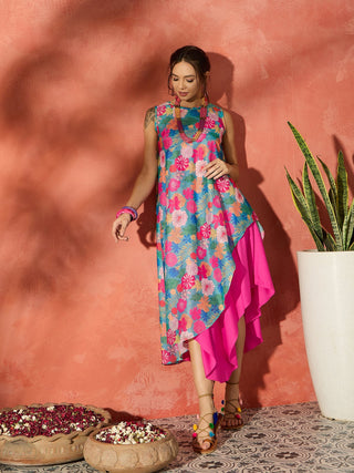 InWeave Blue Floral Fuchsia Asymmetrical Dress - Distacart