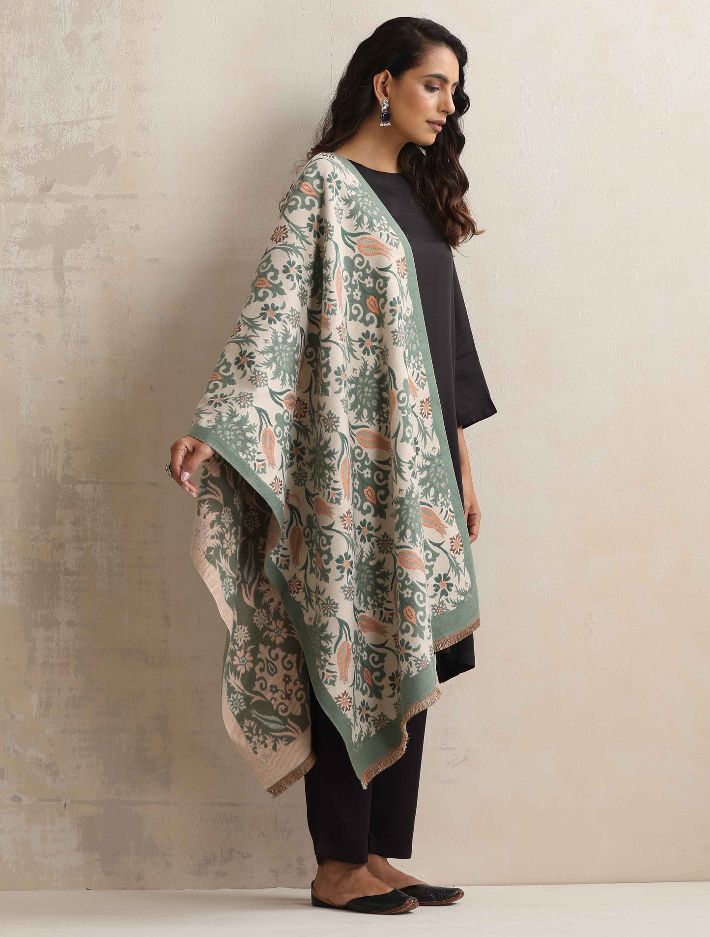 trueBrowns Green Floral Reversible Woollen Stole - Distacart