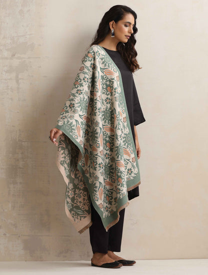 trueBrowns Green Floral Reversible Woollen Stole - Distacart