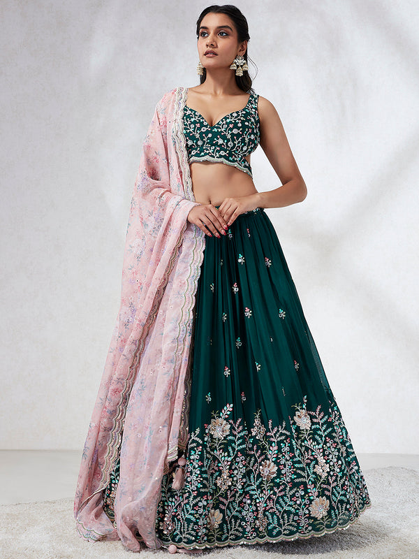 House of Panchhi Teal - Georgette Sequins, Mirror And Thread Embroidery Lehenga Choli - Distacart