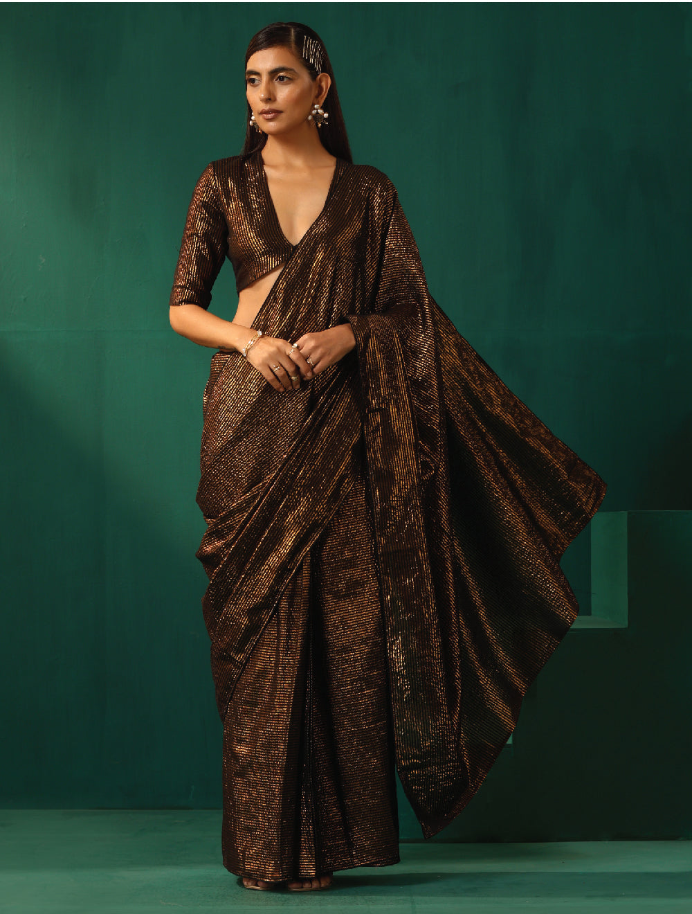 trueBrowns Black Cotton Gold Lurex Striped Ready to Wear Saree - Distacart