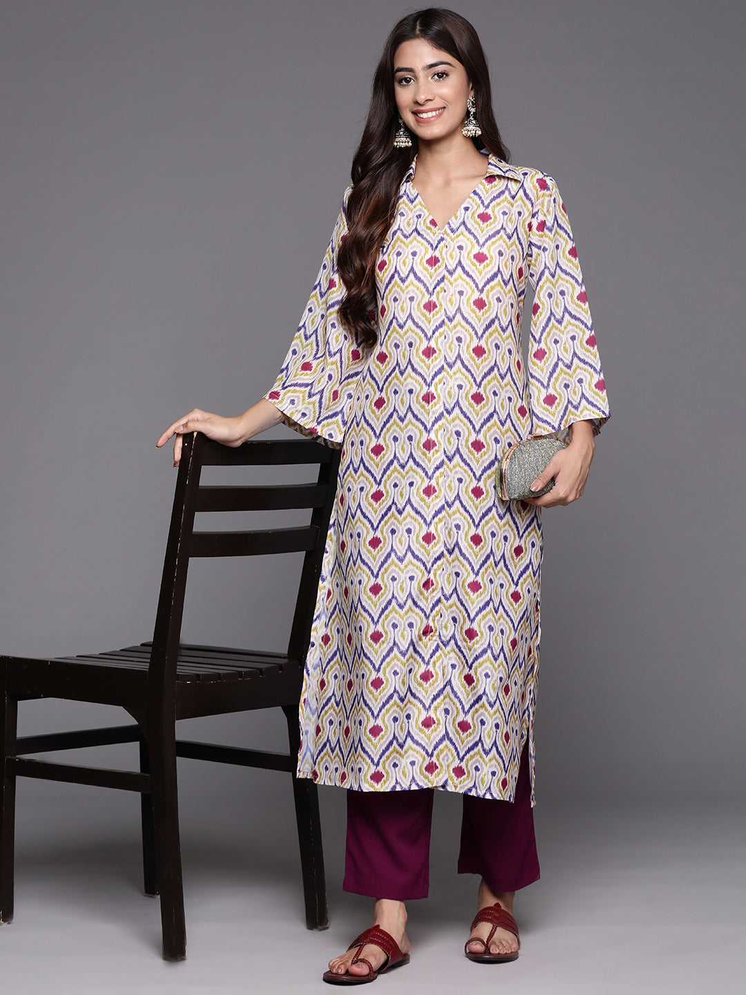 Varanga Women Off White Ikat Printed Shirt Collar Straight Kurta Paired With Violet Solid Bottom - Distacart