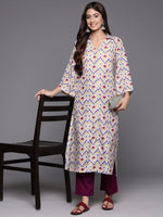 Thumbnail for Varanga Women Off White Ikat Printed Shirt Collar Straight Kurta Paired With Violet Solid Bottom - Distacart