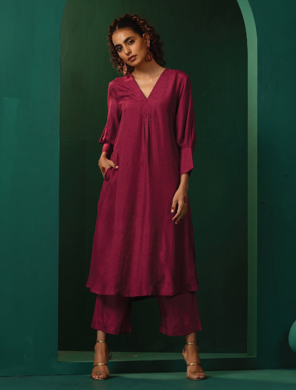 trueBrowns Maroon Silk Puff Sleeve Kurta Pant Set - Distacart