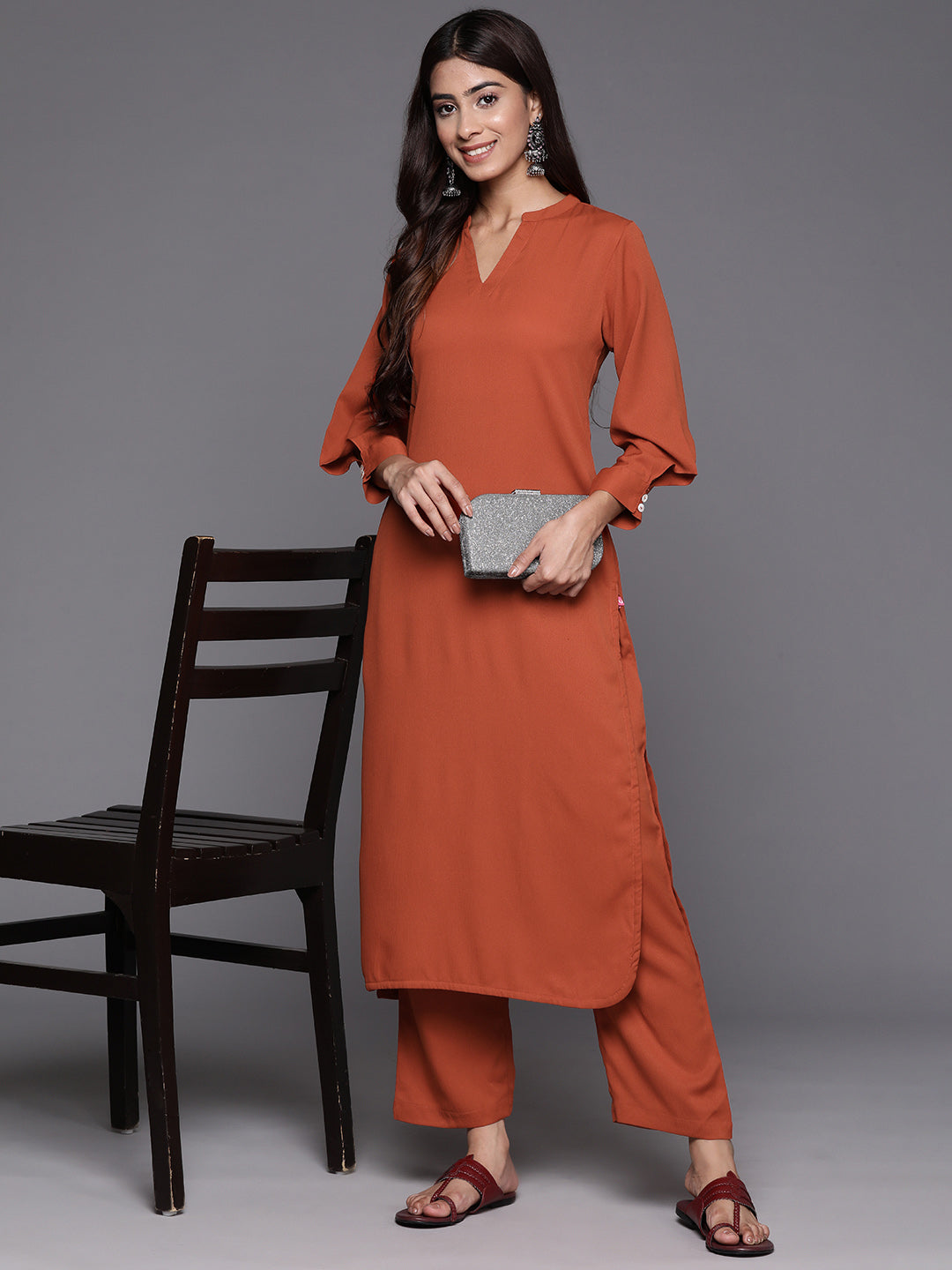 Varanga Women Rust Long Sleeves With Smart Cut Cuff, Straight Kurta Paired With Tonal Solid Bottom - Distacart