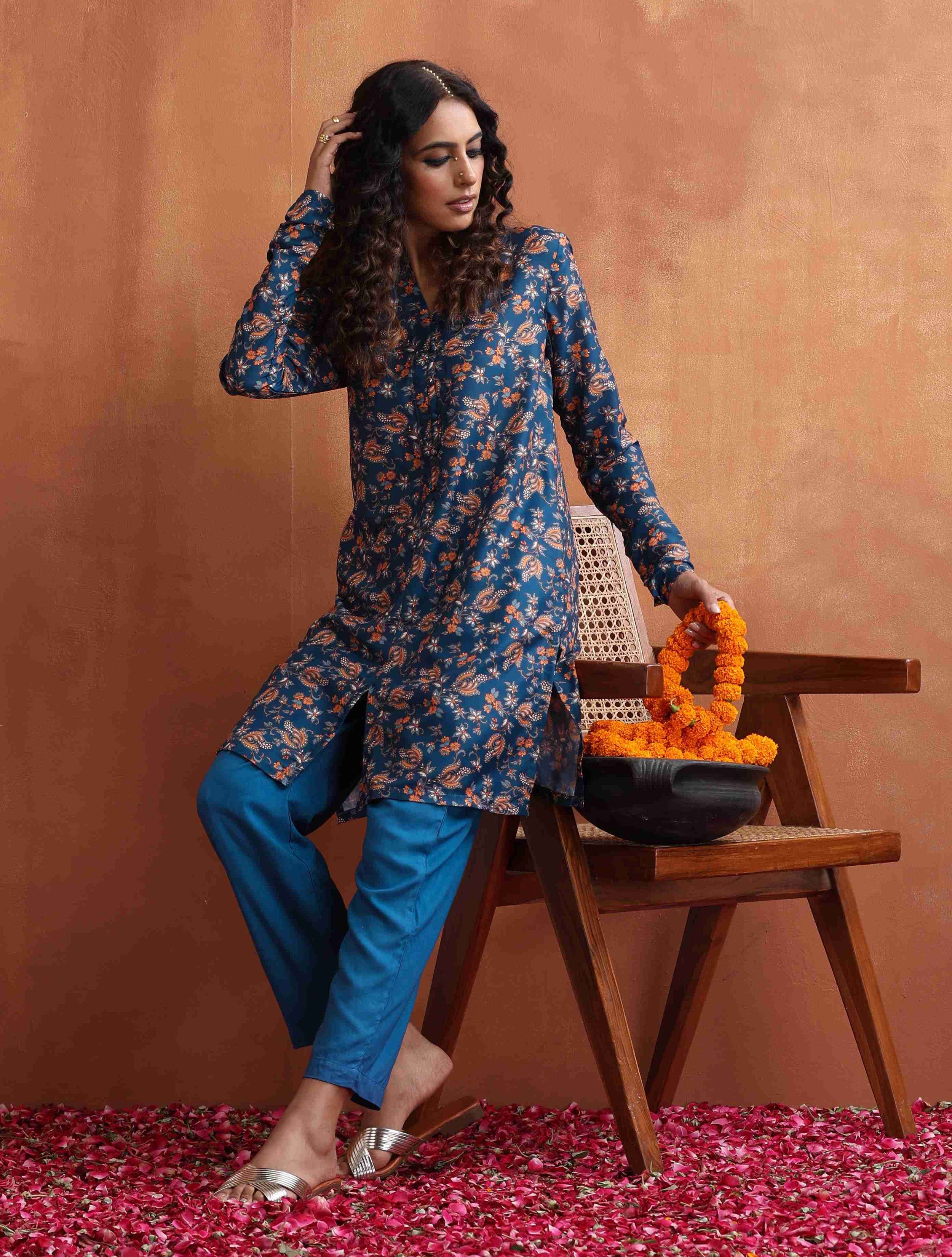 trueBrowns Blue Print Kurta Co-ord Set - Distacart