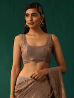 Thumbnail for trueBrowns Grey Cotton Gold Lurex Scoop Neck Sleeveless Blouse - Distacart