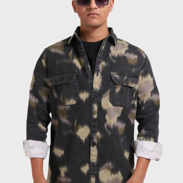 Xkind Light Green Printed Denim Shacket