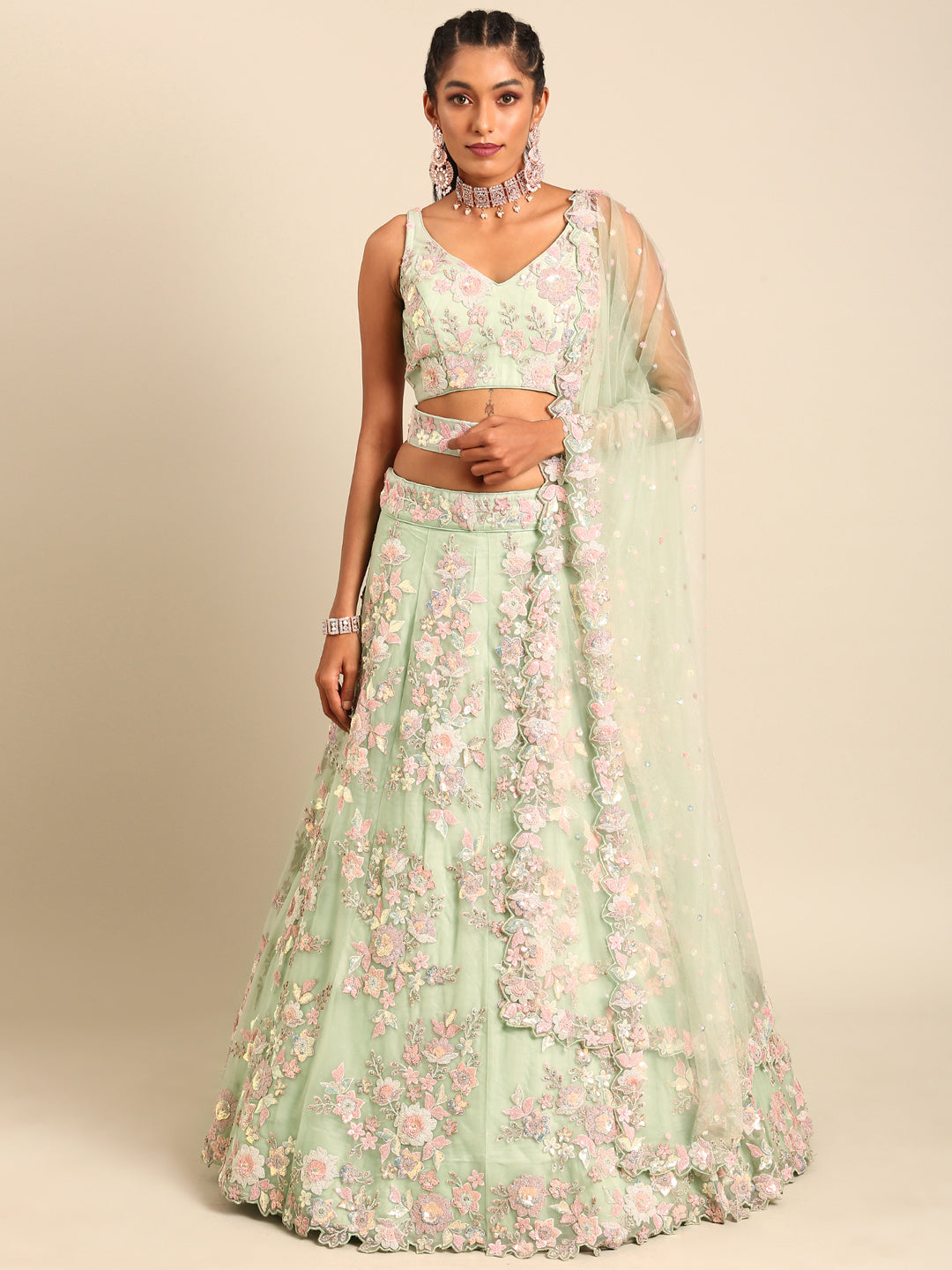 House of Panchhi Lime Green Net Sequins with heavy Zarkan embroidery Lehenga choli & Dupatta - Distacart
